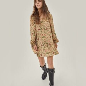 Nasty Gal Retro Floral Square Neck Mini Dress Boho Women’s Sz 12 Peasant Party